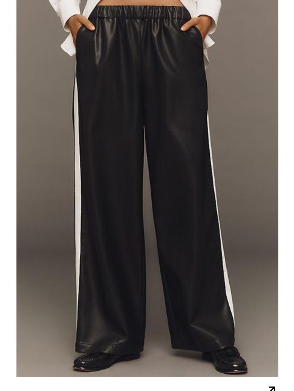 Maeve Black Wide-Leg Faux Leather Pants with White Side Stripes NWT